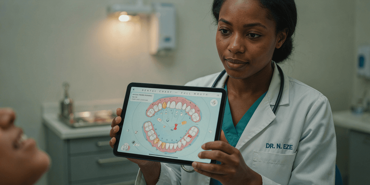A dentist in a clinic holds up a tablet showing a full-mouth digital dental chart to her patient