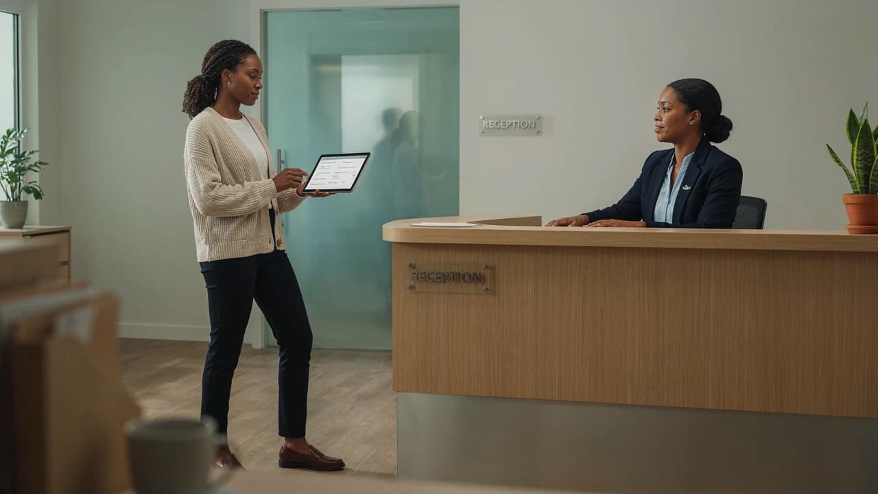 A woman shows information on a tablet to a receptionist at a practice's front desk